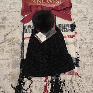 Nine West Black Pom-Pom Beanie with Plaid Scarf